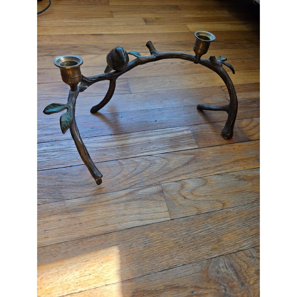 Vintage rubbed brass metal Bird Branch Candlestick Holder